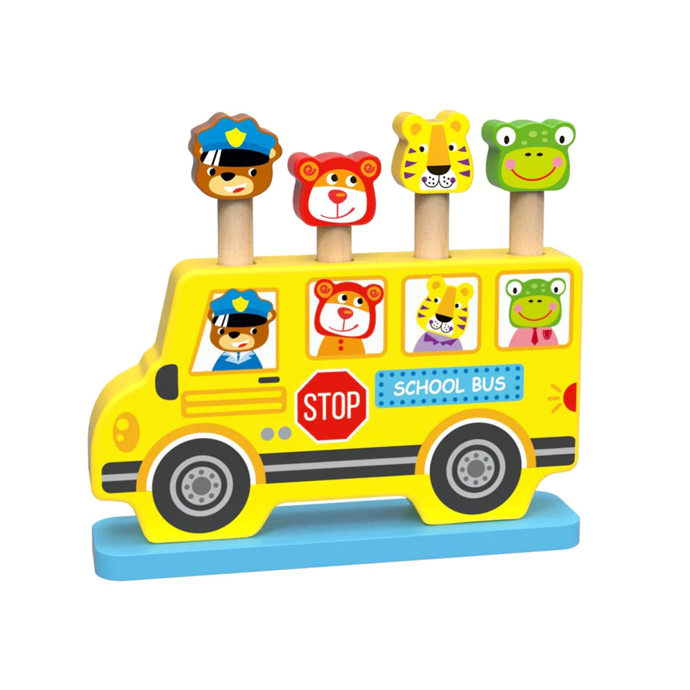 Lesena igrača šolski avtobus pop up Woody Treasures